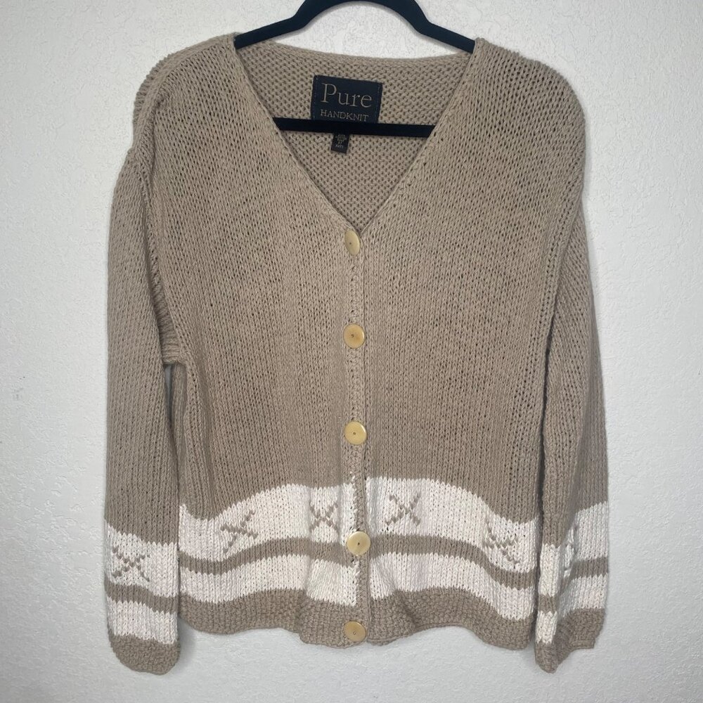 Pure Handknit Knit Chunky Cardigan Sweater Womens L/XL Beige Brown Thick Cotton